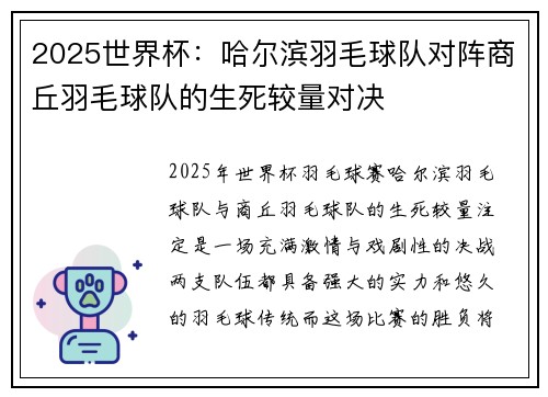2025世界杯:哈尔滨羽毛球队对阵商丘羽毛球队的生死较量对决